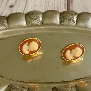 Crown Trifari Gold Cameo Earrings